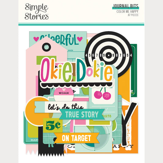 Colorful scrapbooking elements with text and graphics on a white background
