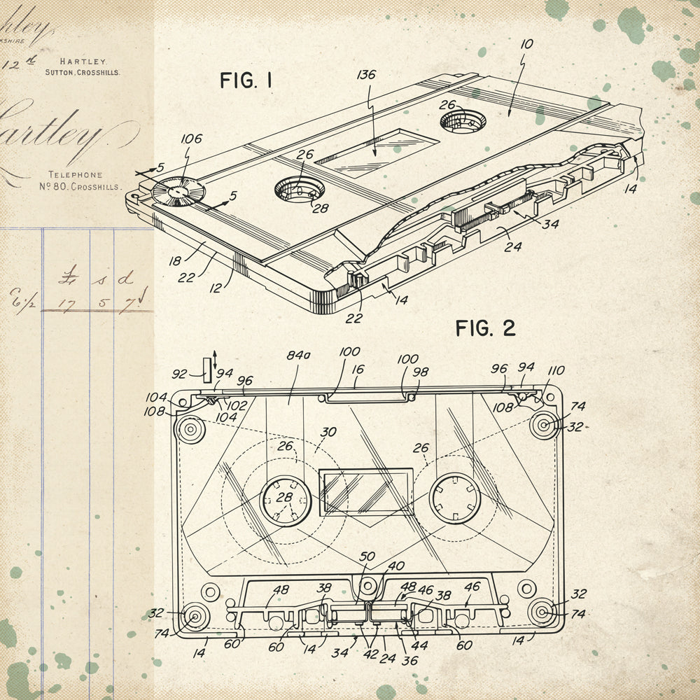 Technical diagram of a cassette tape on a textured paper background