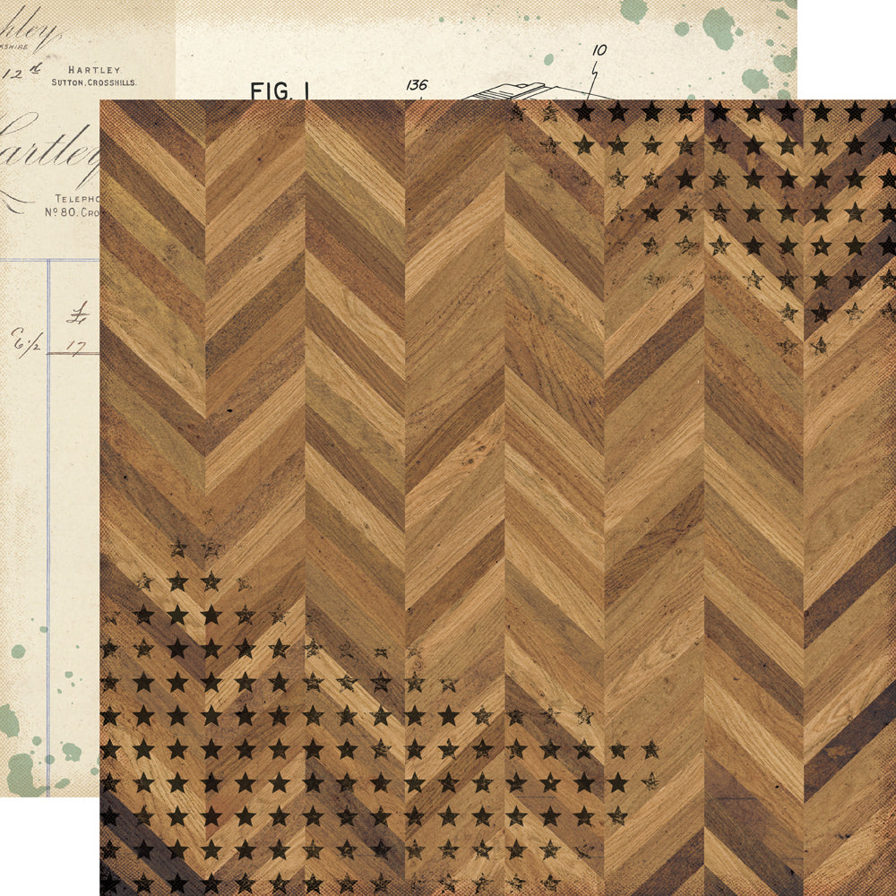Wooden panel with chevron pattern and star overlay on a textured background