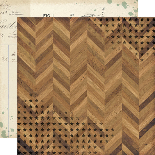 Wooden panel with chevron pattern and star overlay on a textured background