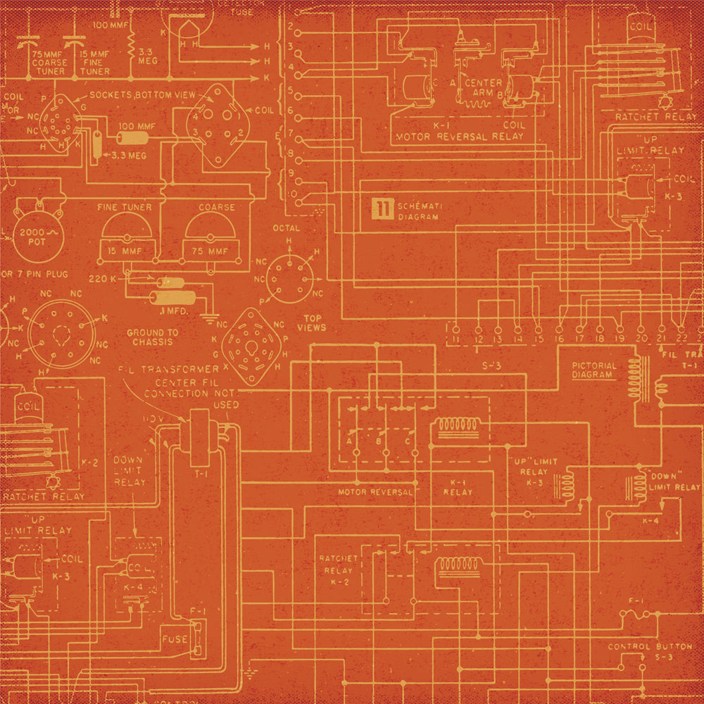 Technical diagram pattern on a red background