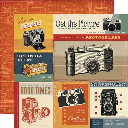 Collage of vintage camera illustrations with text on a patterned background