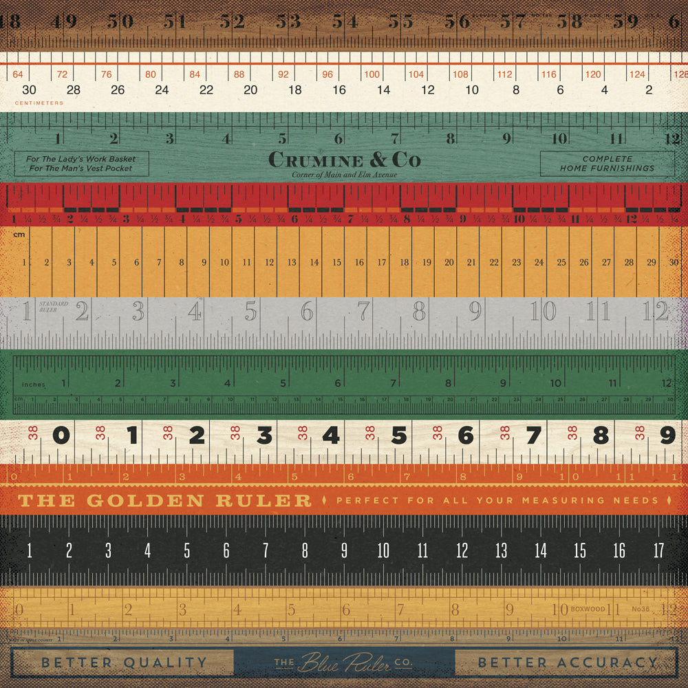 Collection of vintage-style rulers with brand names on a textured background