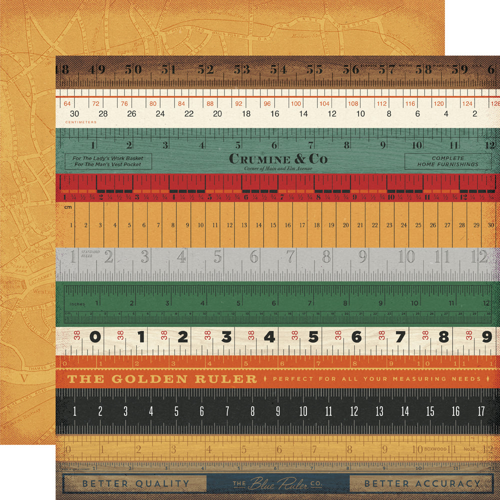 Collection of vintage-style rulers with brand names on a textured background