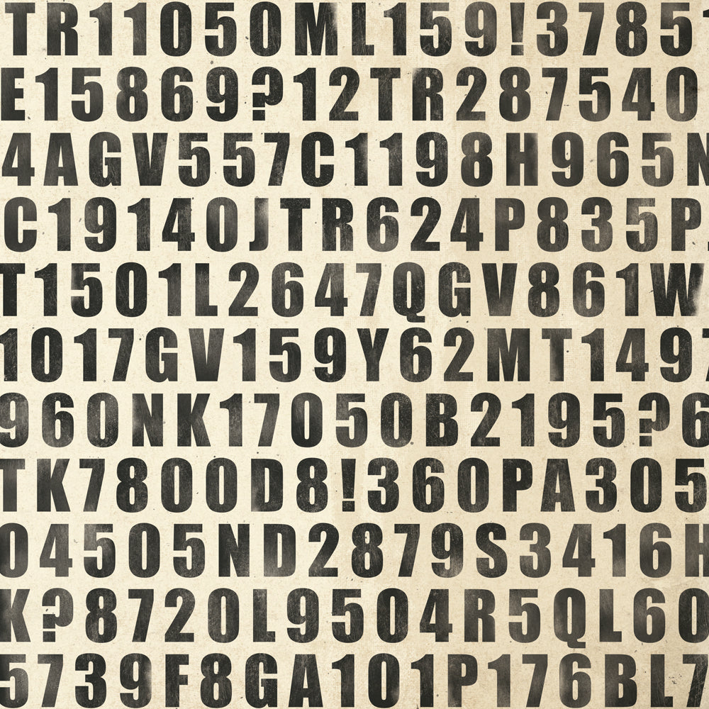 Pattern of black letters and numbers on a beige background
