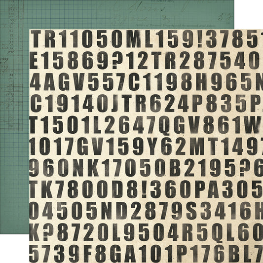 Sheet of paper with a grid of random letters and numbers on a green background