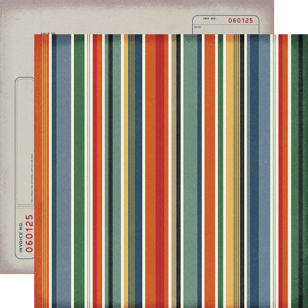 Colorful striped pattern with a vintage feel, featuring vertical stripes in red, green, blue, and orange.