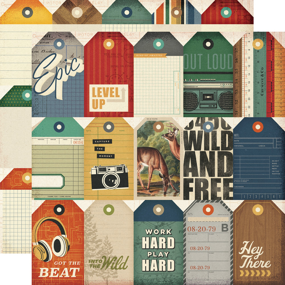 Collage of various vintage-style tags with text and graphics on a textured background.