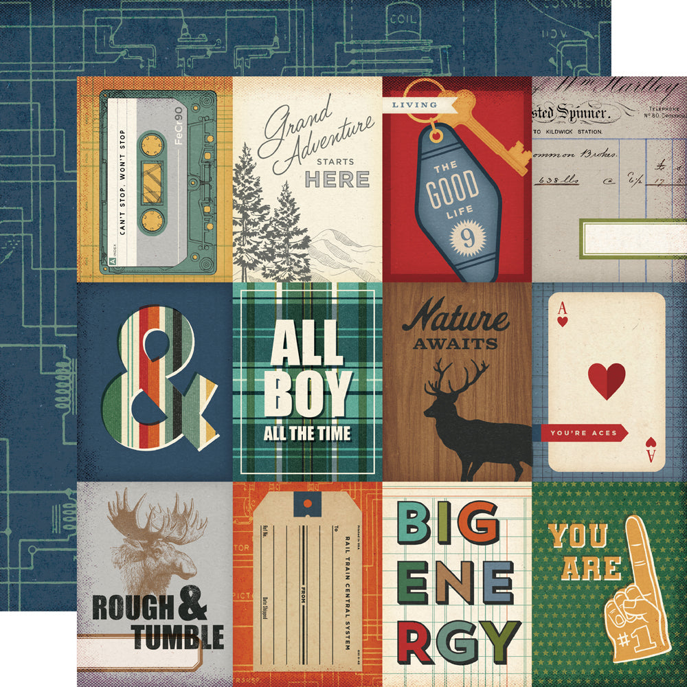 Collage of various vintage-style cards with text and graphics on a blue background.