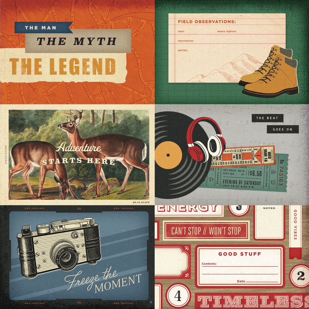Collage of vintage-style graphics with text and images including a deer, camera, headphones, and boots.