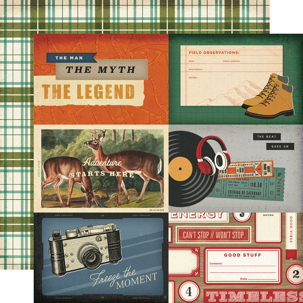 Collage of vintage-style cards with text and graphics on a plaid background