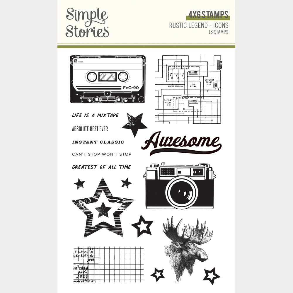 Collection of clear stamps with various designs including a cassette tape, camera, stars, and text on a white background.