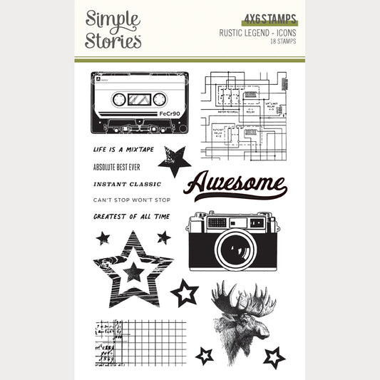 Collection of clear stamps with various designs including a cassette tape, camera, stars, and text on a white background.