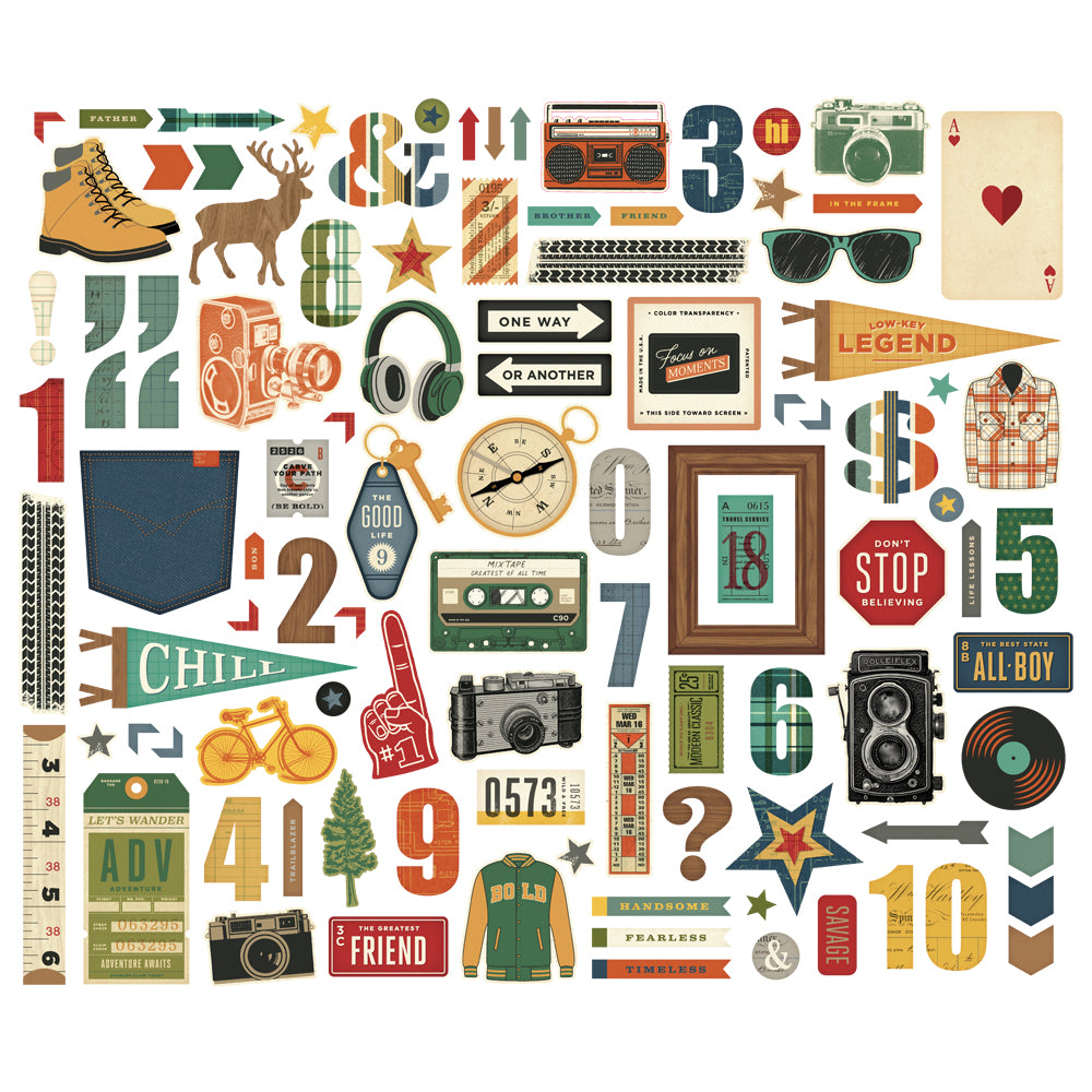 Collection of vintage-style icons and illustrations on a white background