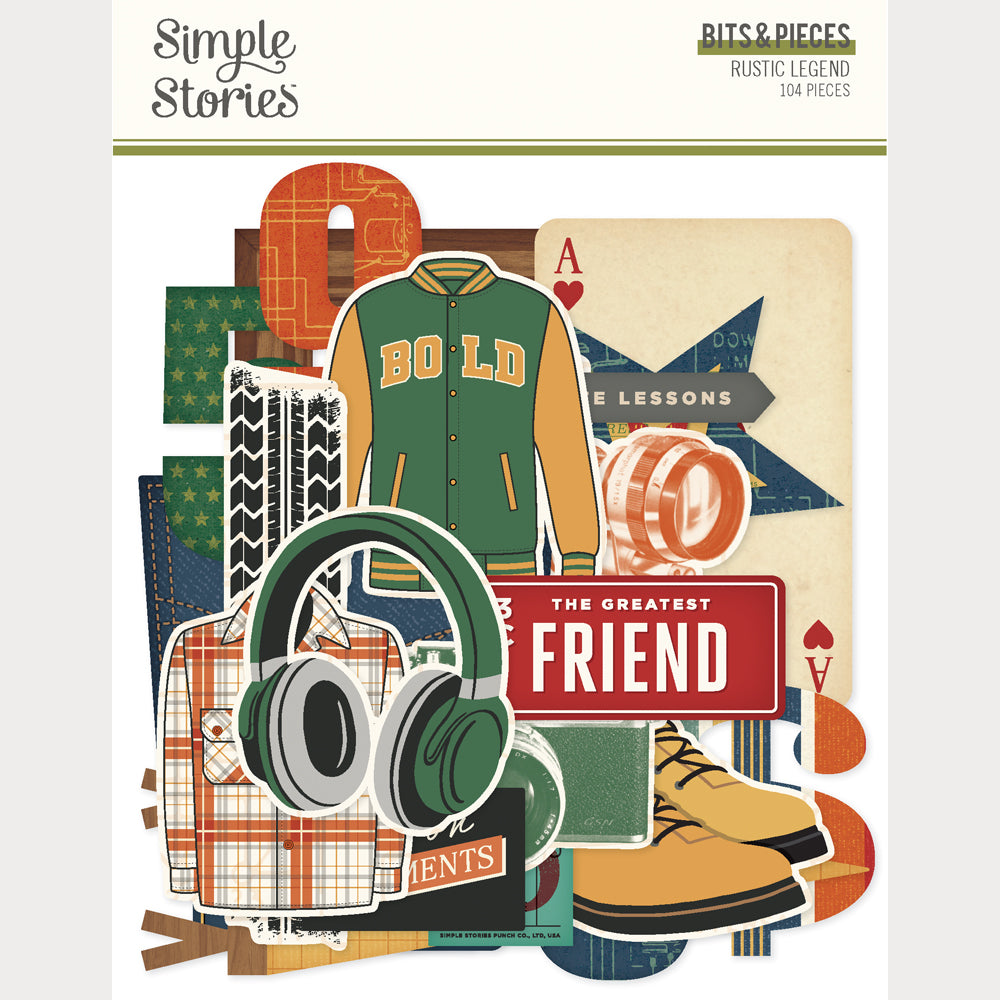 Collection of illustrated elements including a jacket, headphones, and text on a beige background, featuring 'Simple Stories' branding.
