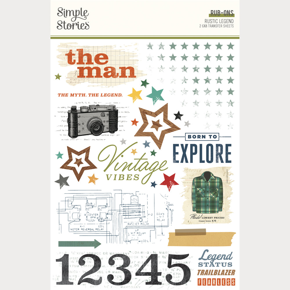 Decorative rub ons with vintage-themed elements and text .
