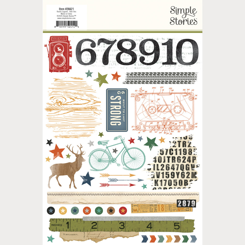Sheet of decorativerub ons with numbers, symbols, and graphics on a white background.