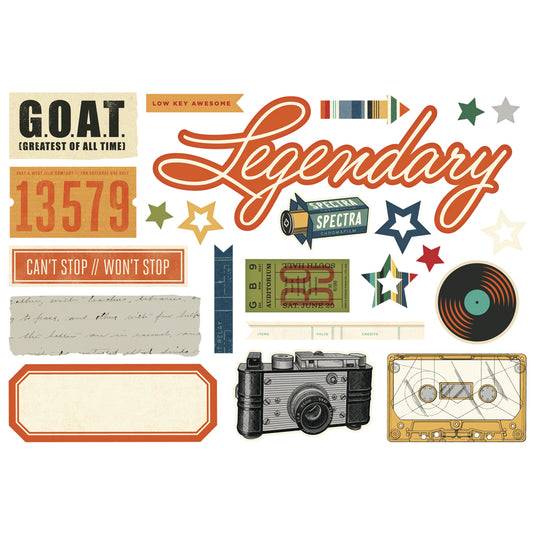 Collection of vintage-themed items including a camera, cassette tape, and text graphics on a white background.