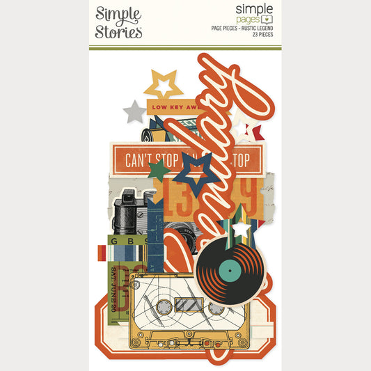 Decorative page pieces with text and graphics on a white background, featuring the brand 'Simple Stories'.