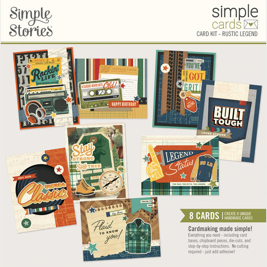 Collection of 'Simple Stories' rustic-themed card kits on a white background