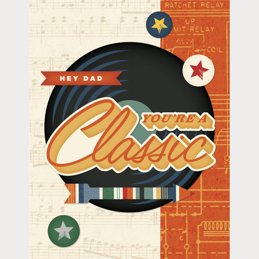 Vintage-style card with vinyl record design and text 'Hey Dad, You're a Classic' on a technical drawing background.