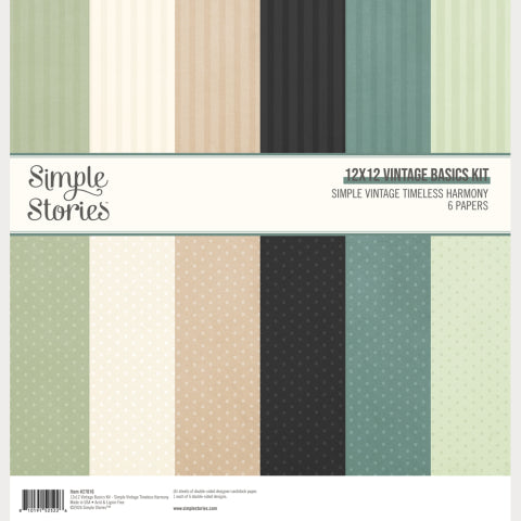 Collection of 12x12 paper sheets with various patterns and colors, featuring the brand 'Simple Stories'.