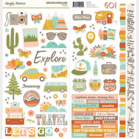 Sheet of stickers with a travel theme from simple stories