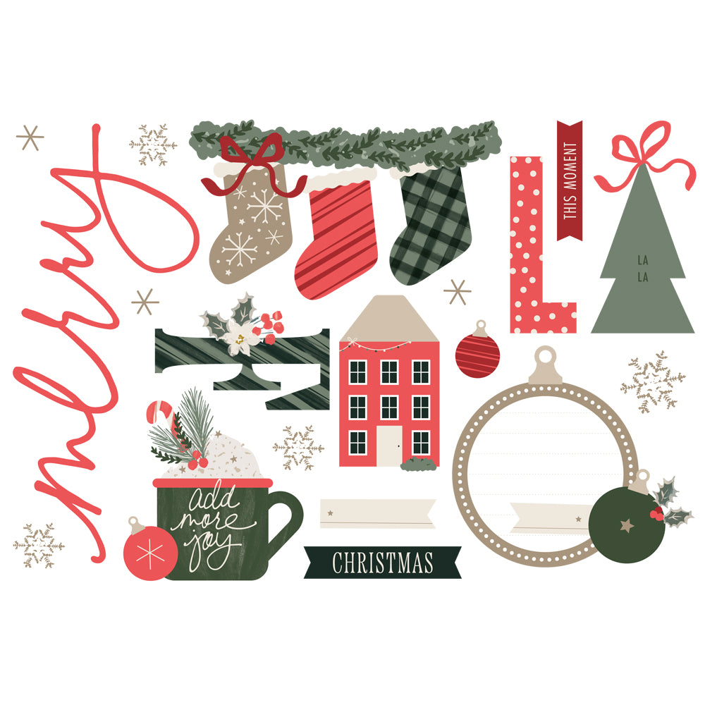 Christmas-themed decorative elements with text and graphics on a white background, featuring brand 'Simple Stories'.