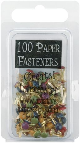 Pack of 100 paper fasteners with colorful beads on a white background