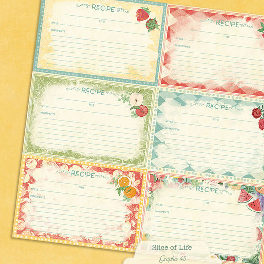 Graphic 45 - Slice Of Life Collection - 12 x 12 Double Sided Paper - Recipe Card Cut Apart Patterns And Solids