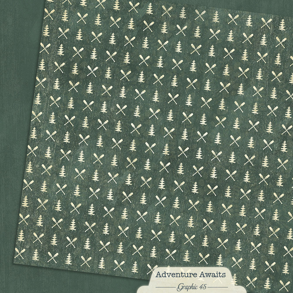Graphic 45 - Adventure Awaits Collection - 12 x 12 Double-Sided Paper - Evergreen Patterns And Solids