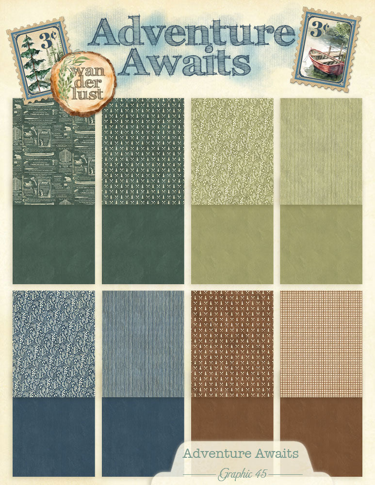 Graphic 45 - Adventure Awaits Collection - 8.5 x 11 Patterns And Solids Pack