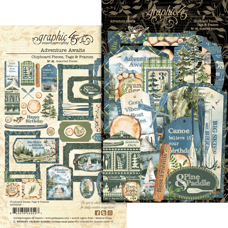 Graphic 45 - Adventure Awaits Collection - Chipboard Embellishments - Tags And Frames