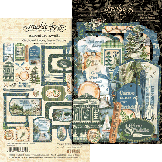Graphic 45 - Adventure Awaits Collection - Chipboard Embellishments - Tags And Frames