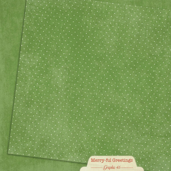 A green paper or fabric swatch with a small white polka dot pattern, shown overlapping a solid green background. A cream label at the bottom reads 'Merry-ful Greetings Graphic 45'.