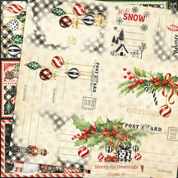 Graphic 45 - Merry-ful Greetings Collection - 12 x 12 Double Sided Paper - Journaling Cut-Apart