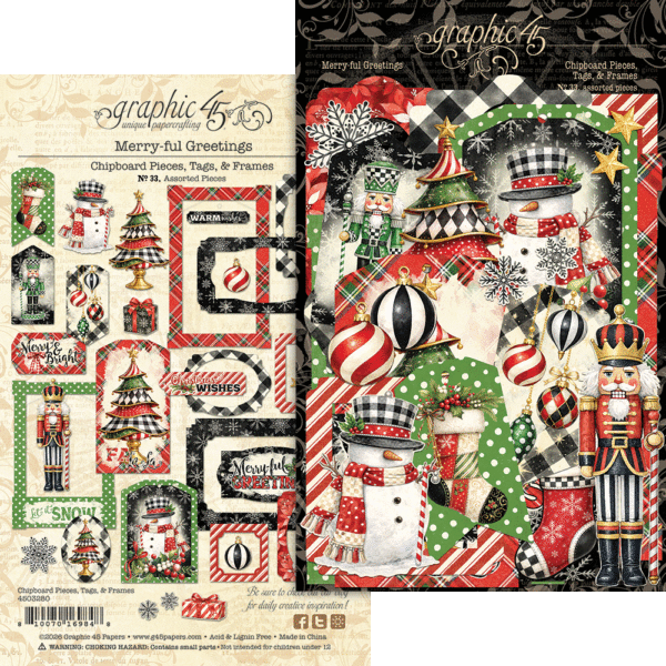 Graphic 45 - Merry-ful Greetings Collection - Chipboard Pieces, Tags And Frames