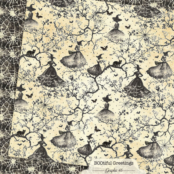 Graphic 45 - BOOtiful Greetings Collection - 12 x 12 Double Sided Paper - Witchy Spiderwebs