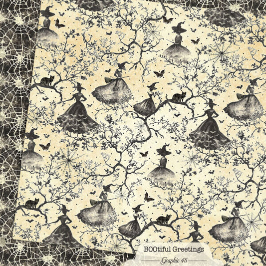 Graphic 45 - BOOtiful Greetings Collection - 12 x 12 Double Sided Paper - Witchy Spiderwebs