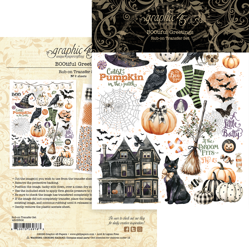 Graphic 45 - BOOtiful Greetings Collection -Chipboard Embellishments - Rub-On Transfers