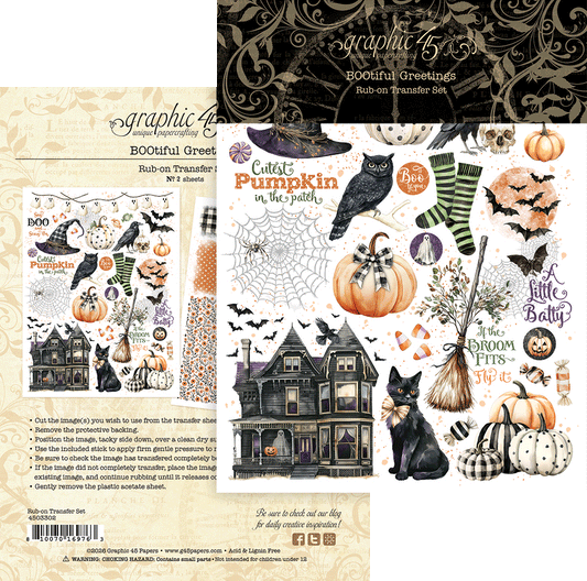 Graphic 45 - BOOtiful Greetings Collection -Chipboard Embellishments - Rub-On Transfers