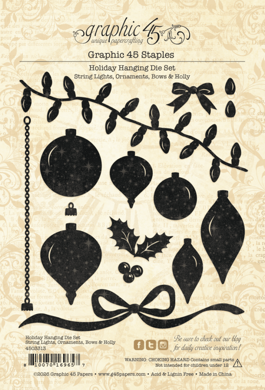 Graphic 45 - Staples Embellishments Collection - Metal Dies - Holiday Hanging Die Set - String Lights, Ornaments, Bows & Holly