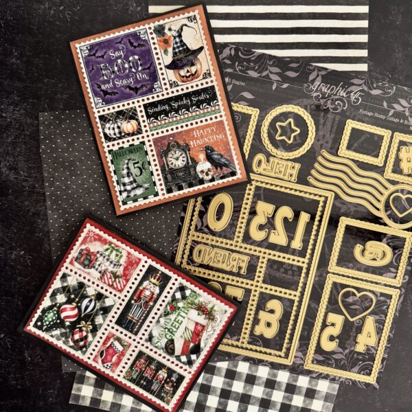 Graphic 45 - Staples Embellishments Collection - Metal Dies - Postage Stamp Collage And Numbers