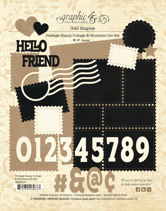 Graphic 45 - Staples Embellishments Collection - Metal Dies - Postage Stamp Collage And Numbers