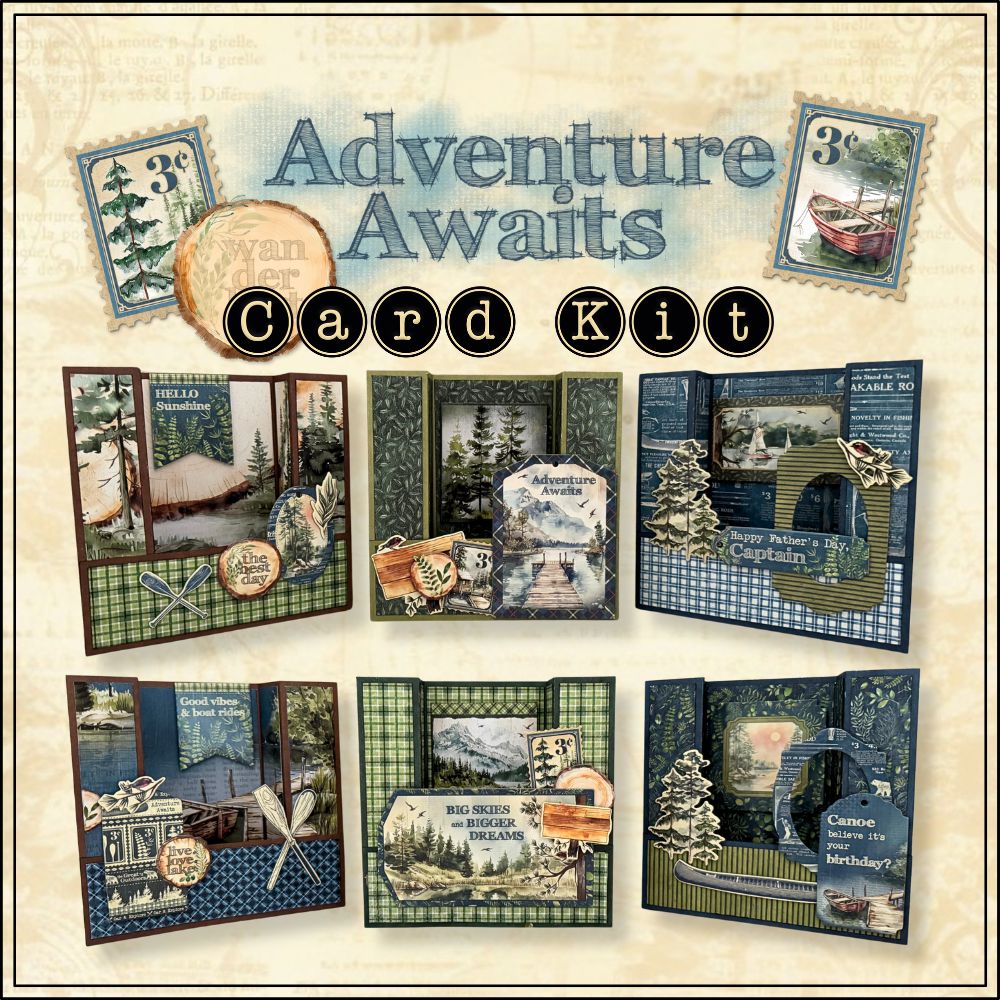Adventure Awaits Card Kit with various card designs on a textured background