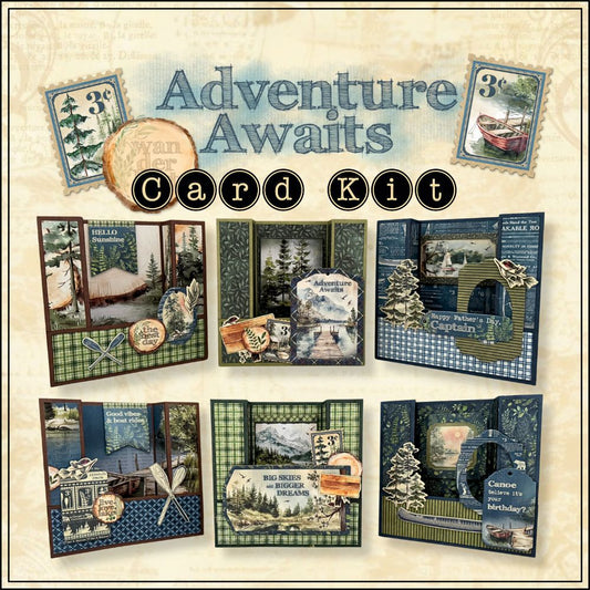 Adventure Awaits Card Kit with various card designs on a textured background