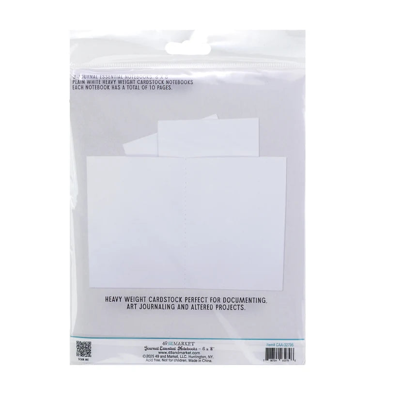 A package of 3 plain white heavy cardstock notebooks in a clear plastic hanging bag with printed product details on the front.