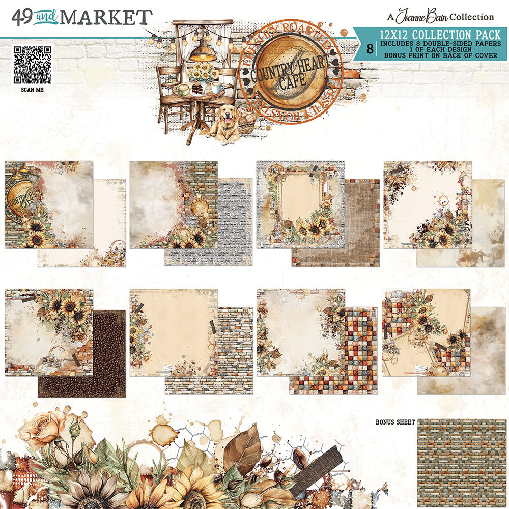 A 12x12 collection pack preview for scrapbooking papers from 49th Street Market, titled 'Rustic Heart Cafe'. The image displays multiple sheets with vintage designs including floral corner accents, rustic frames, brick textures, and watercolor sunflowers, along with a bonus sheet preview and a QR code.