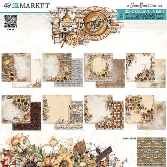 A 12x12 collection pack preview for scrapbooking papers from 49th Street Market, titled 'Rustic Heart Cafe'. The image displays multiple sheets with vintage designs including floral corner accents, rustic frames, brick textures, and watercolor sunflowers, along with a bonus sheet preview and a QR code.