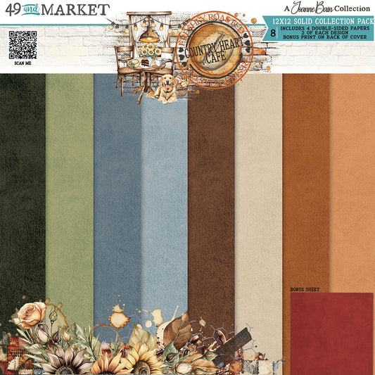 A 12x12 solid collection pack preview sheet for '49th Market' by Jane Bee Collection, featuring 12 vertical color swatches in dark green, sage, dusty blue, taupe, brown, rust, and burgundy, with floral and vintage cafe illustrations and text overlays.